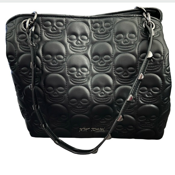BETSEY JOHNSON BLACK SKULL DOUBLE HANDLE TOTE W/ RHINESTONE MARTINI PURSE CHARM - Picture 8 of 14